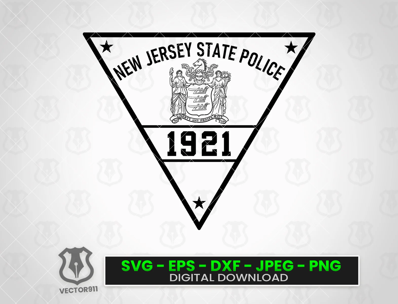 Detailed vector illustration of a New Jersey State Police (NJSP) Triangle Shield badge for laser engraving, CNC carving, vinyl cutting, printing, and law enforcement recognition projects.