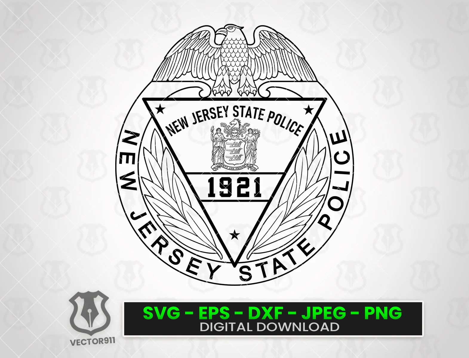 Detailed vector illustration of a New Jersey State Police (NJSP) badge for laser engraving, CNC carving, vinyl cutting, printing, and law enforcement recognition projects.