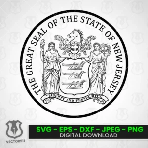 Detailed vector illustration of the State Seal of New Jersey for laser engraving, CNC carving, vinyl cutting, printing, government projects, and commemorative displays.