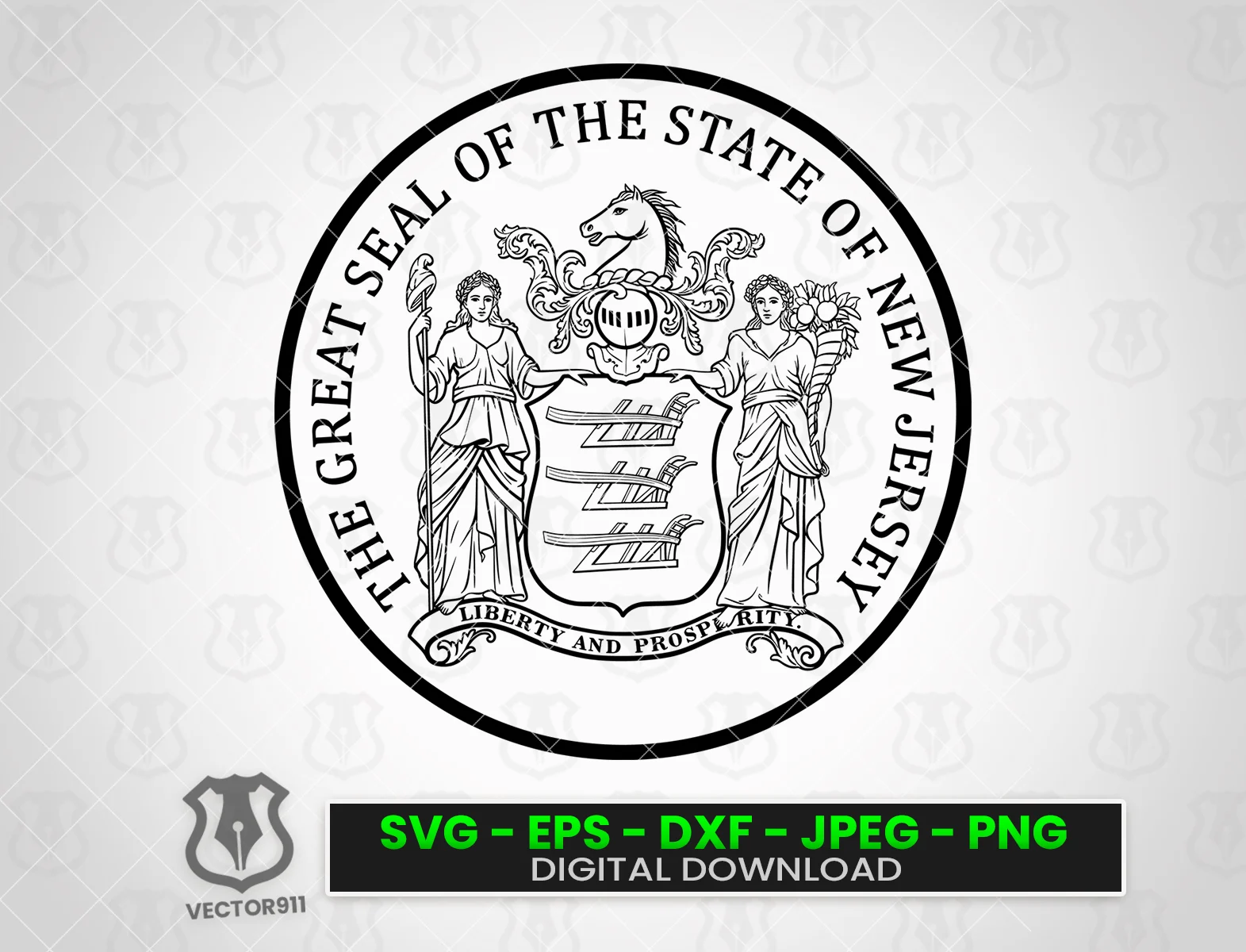 Detailed vector illustration of the State Seal of New Jersey for laser engraving, CNC carving, vinyl cutting, printing, government projects, and commemorative displays.